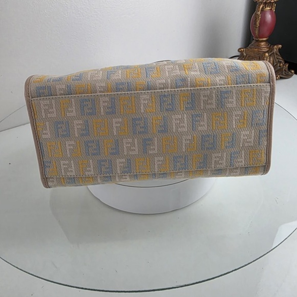 FENDI Zucchino Canvas Small  Shopping Handbag Tote Beige Blue Yellow Dustbg Rare - Picture 11 of 17